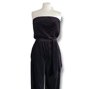 Vintage 1980s Circa 2000 Womens Jumpsuit Sz Small Black Velour Strapless Belted